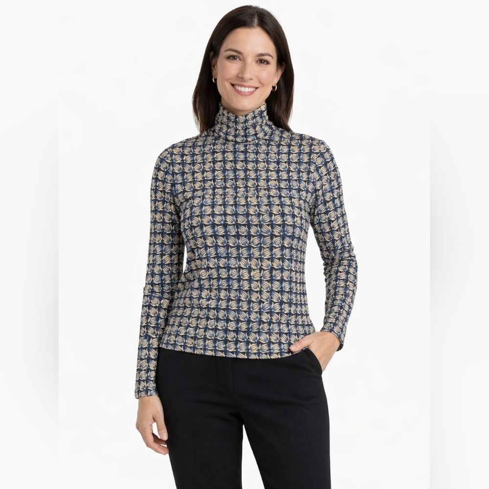 J Mclaughlin Nora Stretch Knit Top Turtleneck Abstract Print Women's Large‎ Blue